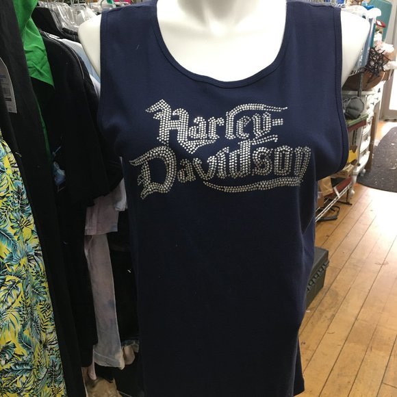 Harley Davidson Large Navy Tank Top W Silver Studs NWT  42 Bust 30 long  Har2 - Picture 2 of 12